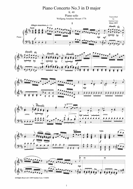 Mozart - Piano Concerto No.3 in D major K 40 - Piano version (arr. Santino Cara)