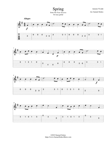 Spring - from Vivaldi's The Four Seasons - for easy guitar with TAB (arr. Samuel Stokes)