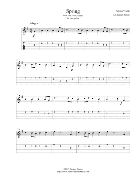 Spring - from Vivaldi's The Four Seasons - for easy guitar with TAB (arr. Samuel Stokes)