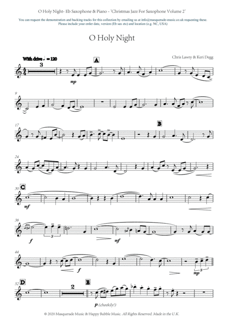 O Holy Night - Eb Saxophone and Piano (funk/groove style) by Chris Lawry and Keri Degg. Includes FRE