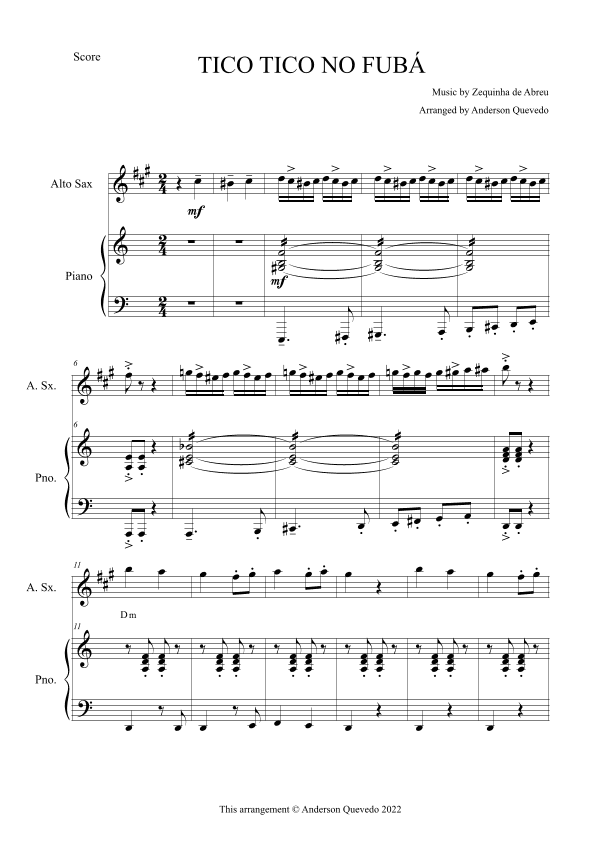 Tico Tico no Fubá by Zequinha de Abreu for Alto Sax & Piano Duo (arr. Anderson Quevedo)