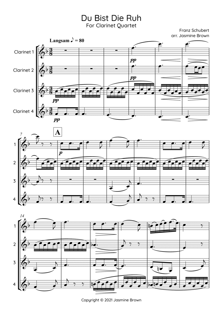 Du Bist Die Ruh - Clarinet Quartet (arr. Jasmine Brown)