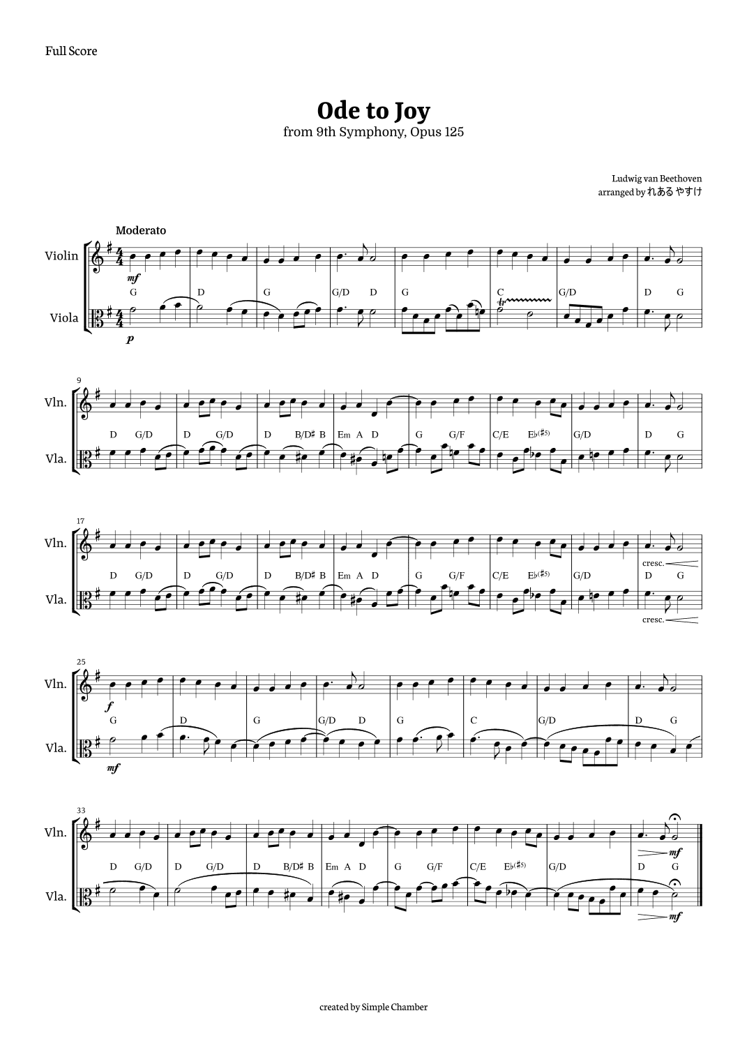 Ode to Joy for Violin and Viola by Beethoven Opus 125 (arr. れある やすけ)