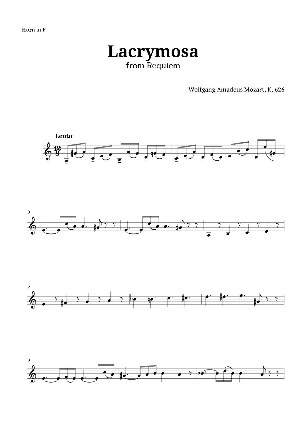 Lacrymosa from Requiem by Mozart for French Horn (arr. Langanho)