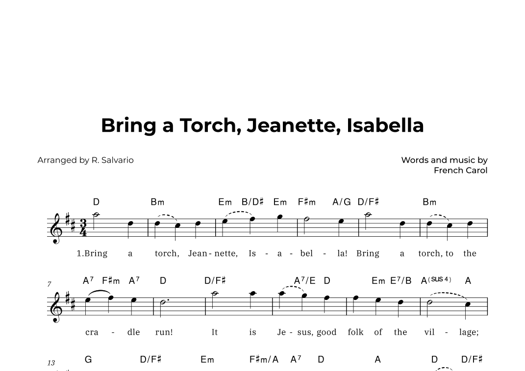Bring a Torch, Jeanette, Isabella (Key of D Major) (arr. R. Salvario)