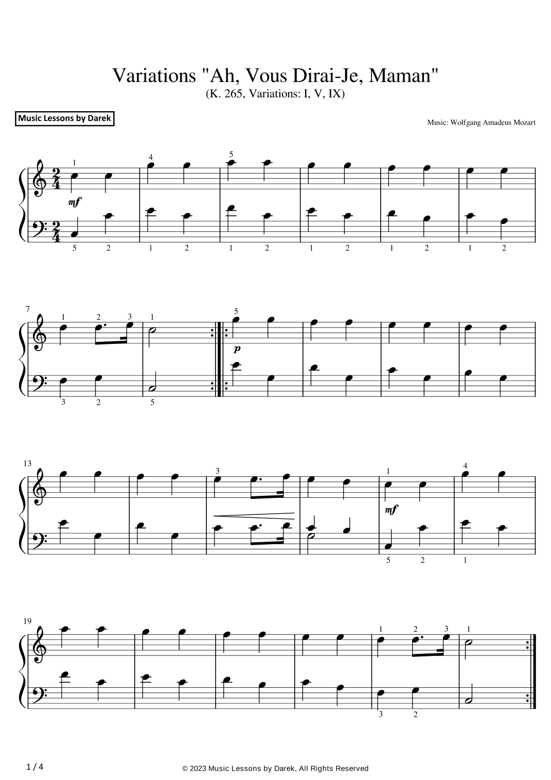 Variations "Ah, Vous Dirai-Je, Maman" (EASY PIANO) (K. 265, Variations: I, V, IX) [Mozart] (arr. Darek)