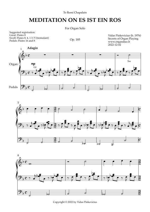 Meditation on Es ist ein Ros, Op. 185 (Organ Solo) by Vidas Pinkevicius