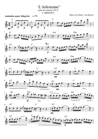 "Menuet" from L'Arlesienne Suite No. 2 (Key:C) (arr. pfkaori)