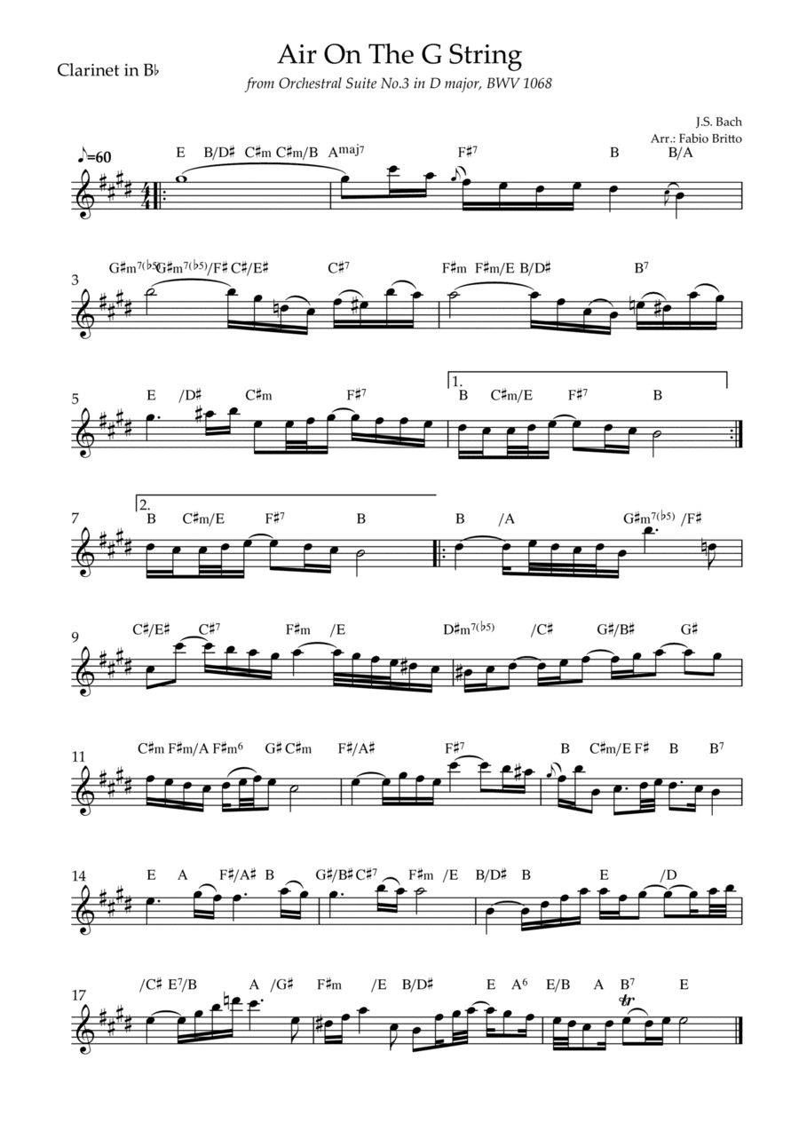 Air On The G String (J.S. Bach) for Clarinet in Bb Solo with Chords (arr. Fabio Britto)