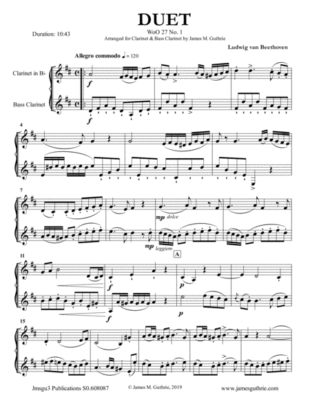 Beethoven: Three Duets WoO 27 for Clarinet & Bass Clarinet (arr. James M. Guthrie, ASCAP)
