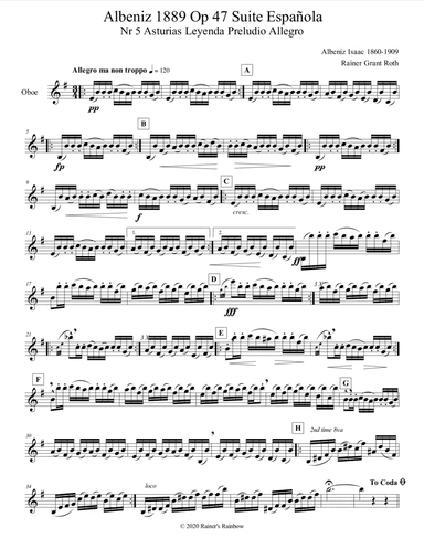 Albeniz 1889 Op 47 Suite Española Nr 5 Asturias Leyenda Preludio Allegro Oboe in the key of E minor (arr. Rainer Grant Roth)