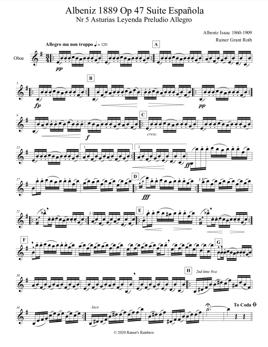 Albeniz 1889 Op 47 Suite Española Nr 5 Asturias Leyenda Preludio Allegro Oboe in the key of E minor (arr. Rainer Grant Roth)
