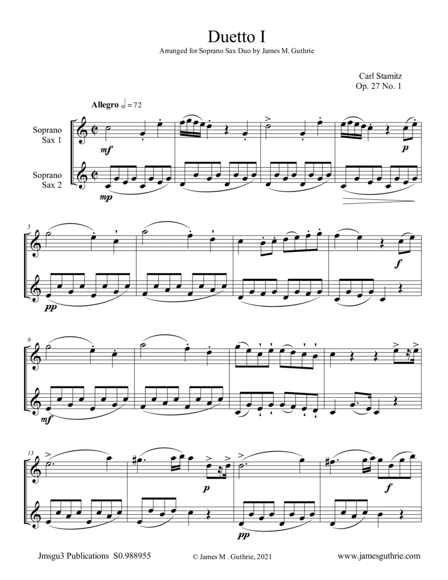 Stamitz: Six Duets Op. 27 Complete for Soprano Sax Duo (arr. James M. Guthrie)