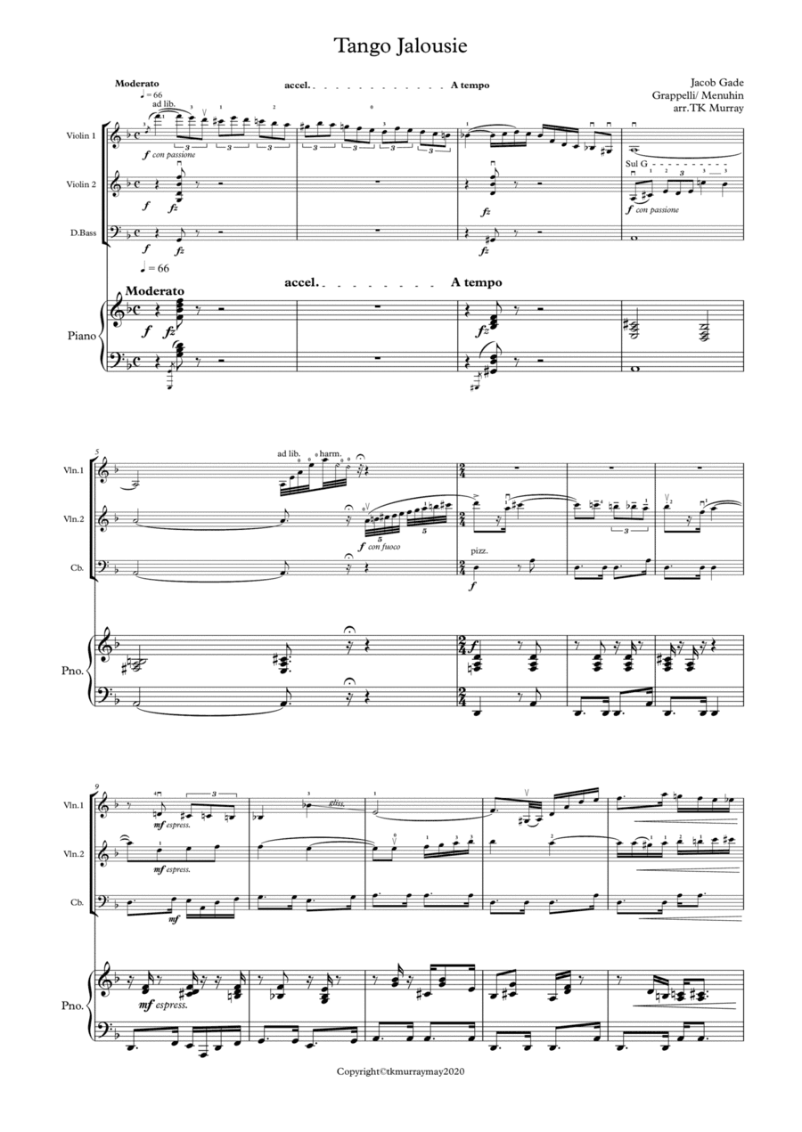 Tango Jalousie - 2 Violins & Piano Violin Duo Violin Group (arr. T K Murray)