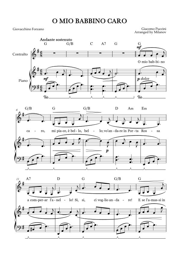 O Mio Babbino Caro | Female Voice Contralto | G Major | Piano accompaniment | Pedal | Chords (arr. Milanov)