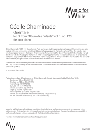 Cécile Chaminade - Orientale op. 123 no. 9 for solo piano (arr. Music for a While)