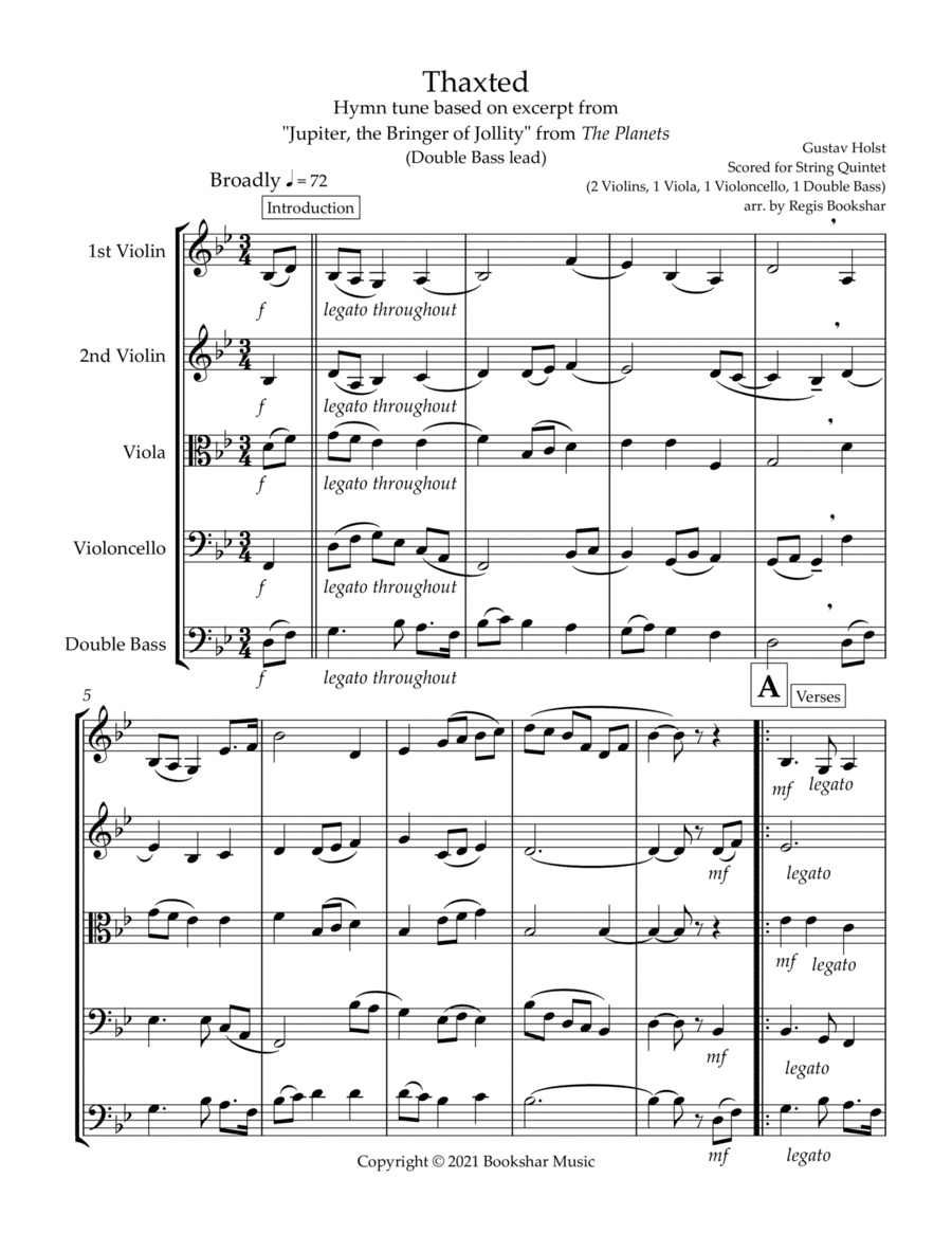 Thaxted (hymn tune based on excerpt from "Jupiter" from The Planets) (Bb) (String Quintet - 2 Violin (arr. Regis Bookshar)