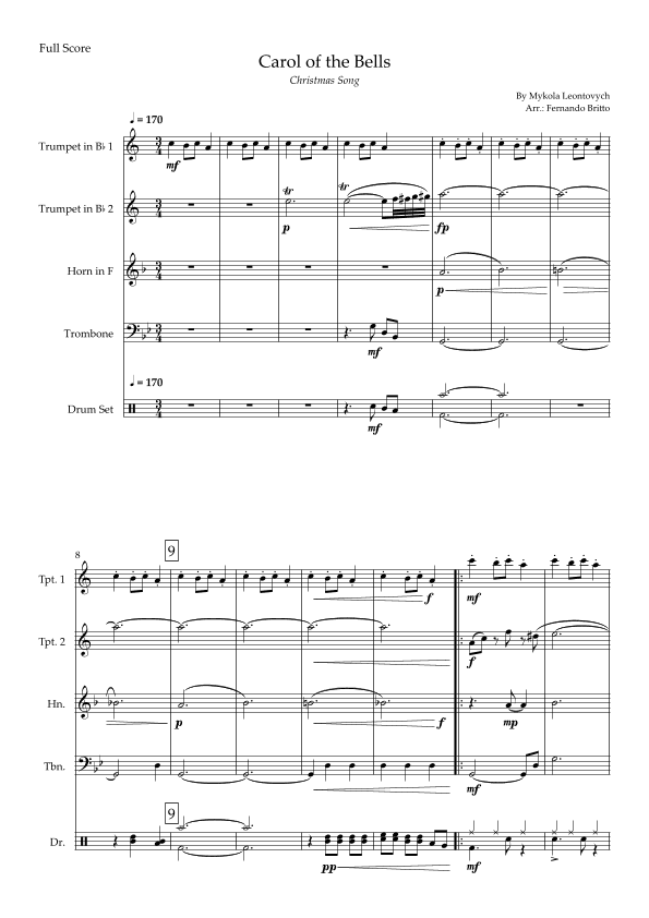 Carol of The Bells - Jazz Version (Christmas Song) for Brass Quartet and Drums (arr. Fabio Britto)