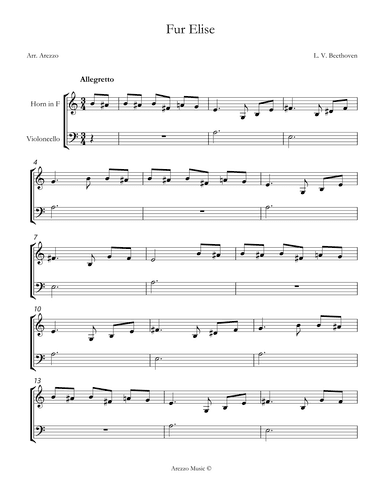 beethoven fur elise Horn and Cello sheet music (arr. Arezzo Music)