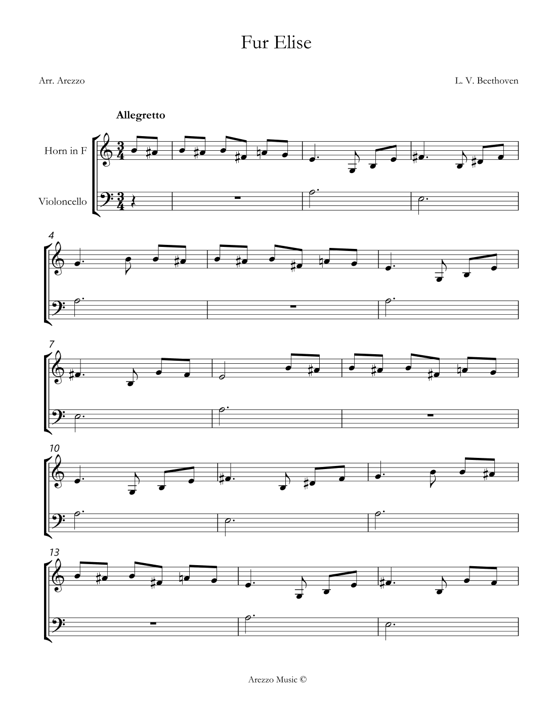 beethoven fur elise Horn and Cello sheet music (arr. Arezzo Music)