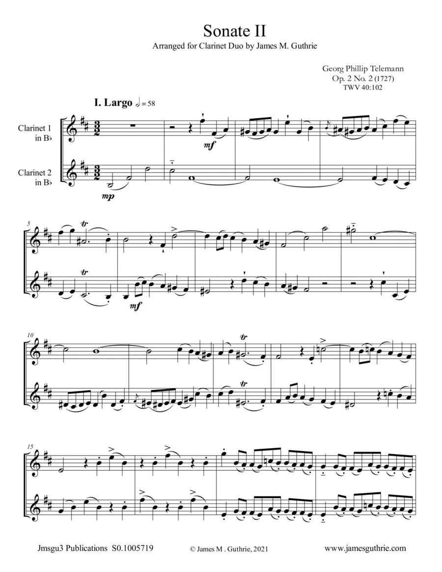 Telemann: Sonata Op. 2 No. 2 for Clarinet Duo (arr. James M. Guthrie)