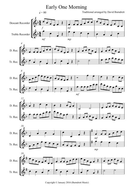 Early One Morning for Recorder Duet (arr. David Burndrett)