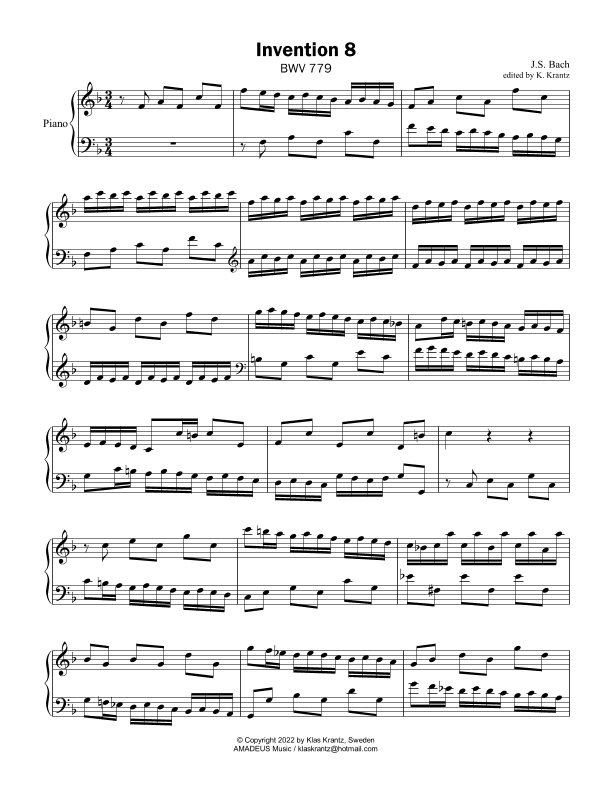 Invention No. 4, F Major for piano solo (arr. K. Krantz)