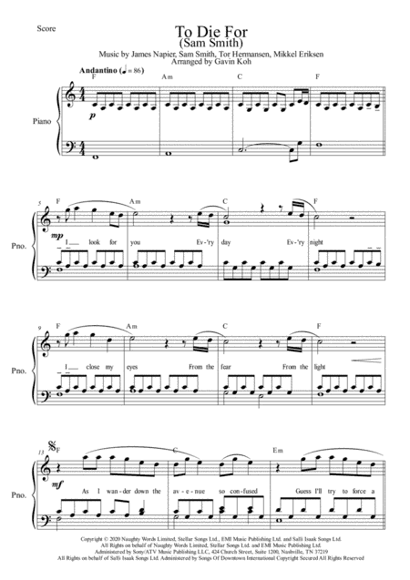 To Die For (arr. Gavin Koh)