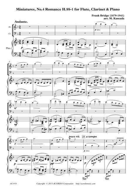 Miniatures, No.4 Romance H.88-1 for Flute, Clarinet & Piano (arr. Mikio Kamada)