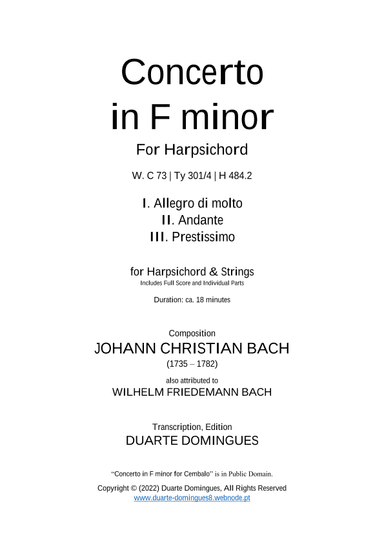 Concerto in F Minor for Harpsichord & Strings, WC 73 (Full Score & Parts) (arr. Duarte Domingues)
