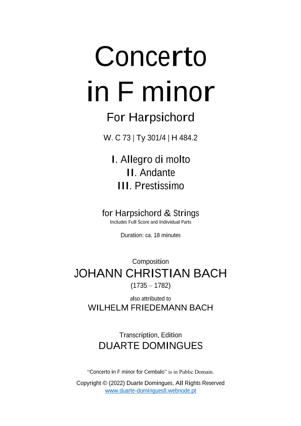 Concerto in F Minor for Harpsichord & Strings, WC 73 (Full Score & Parts) (arr. Duarte Domingues)