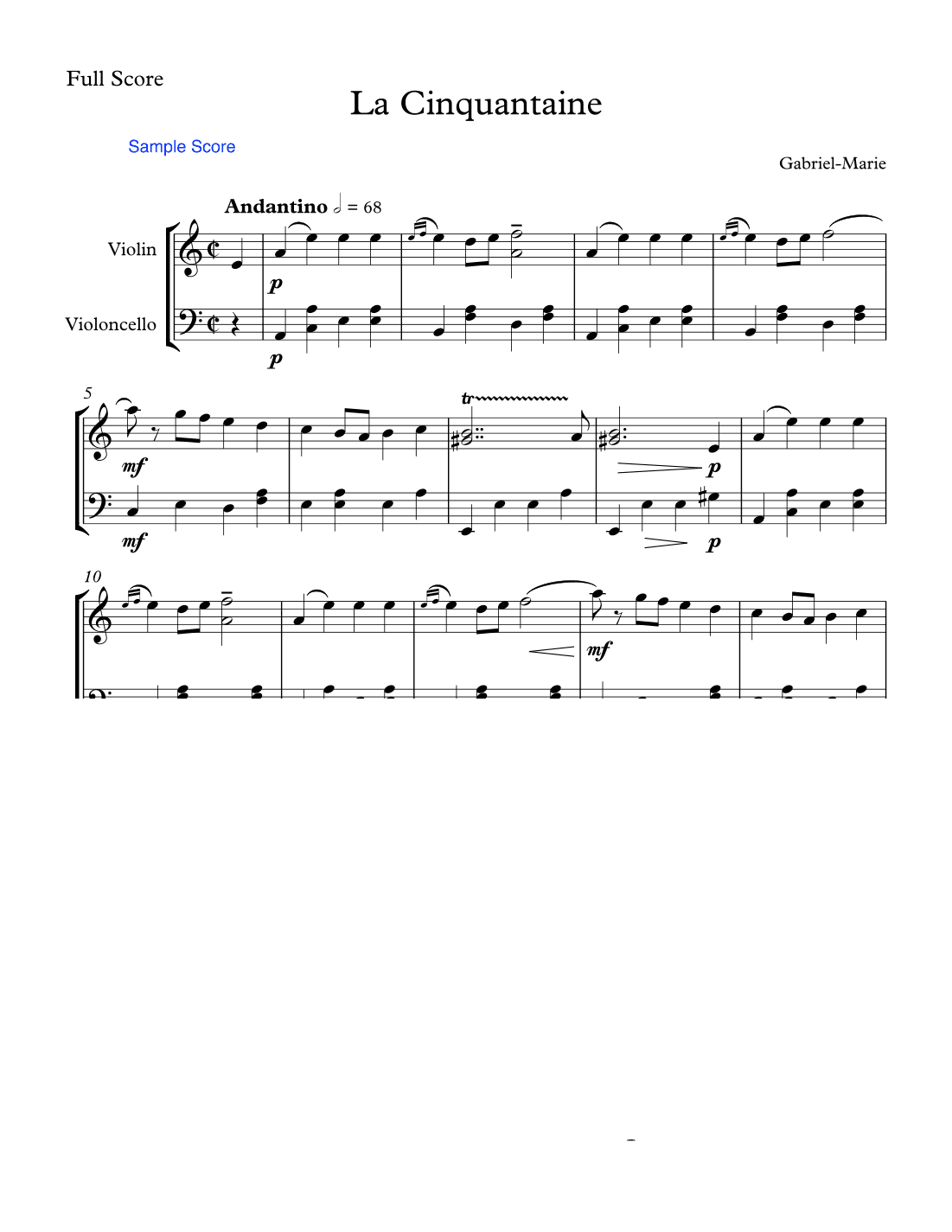 LA CINQUANTAINE String Trio, String Duo, Intermediate Level for violin and cello (arr. Sherry Lewis Publishing)