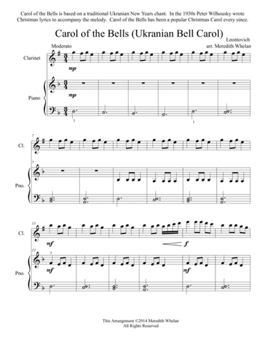 Christmas Duets for Clarinet & Piano:  Carol of the Bells (Ukranian Bell Carol) (arr. Meredith Whelan)