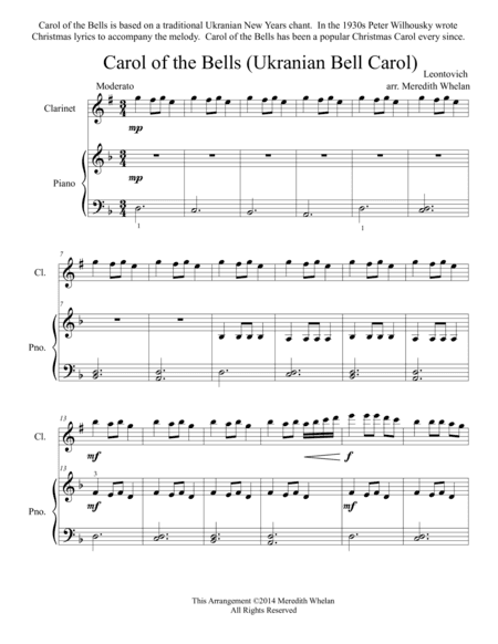 Christmas Duets for Clarinet & Piano:  Carol of the Bells (Ukranian Bell Carol) (arr. Meredith Whelan)