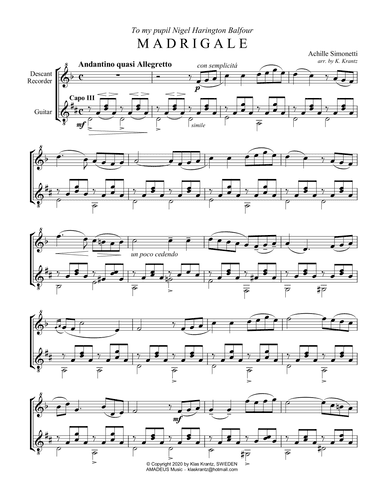 Madrigale for descant recorder and guitar (Capo III) (arr. K. Krantz)