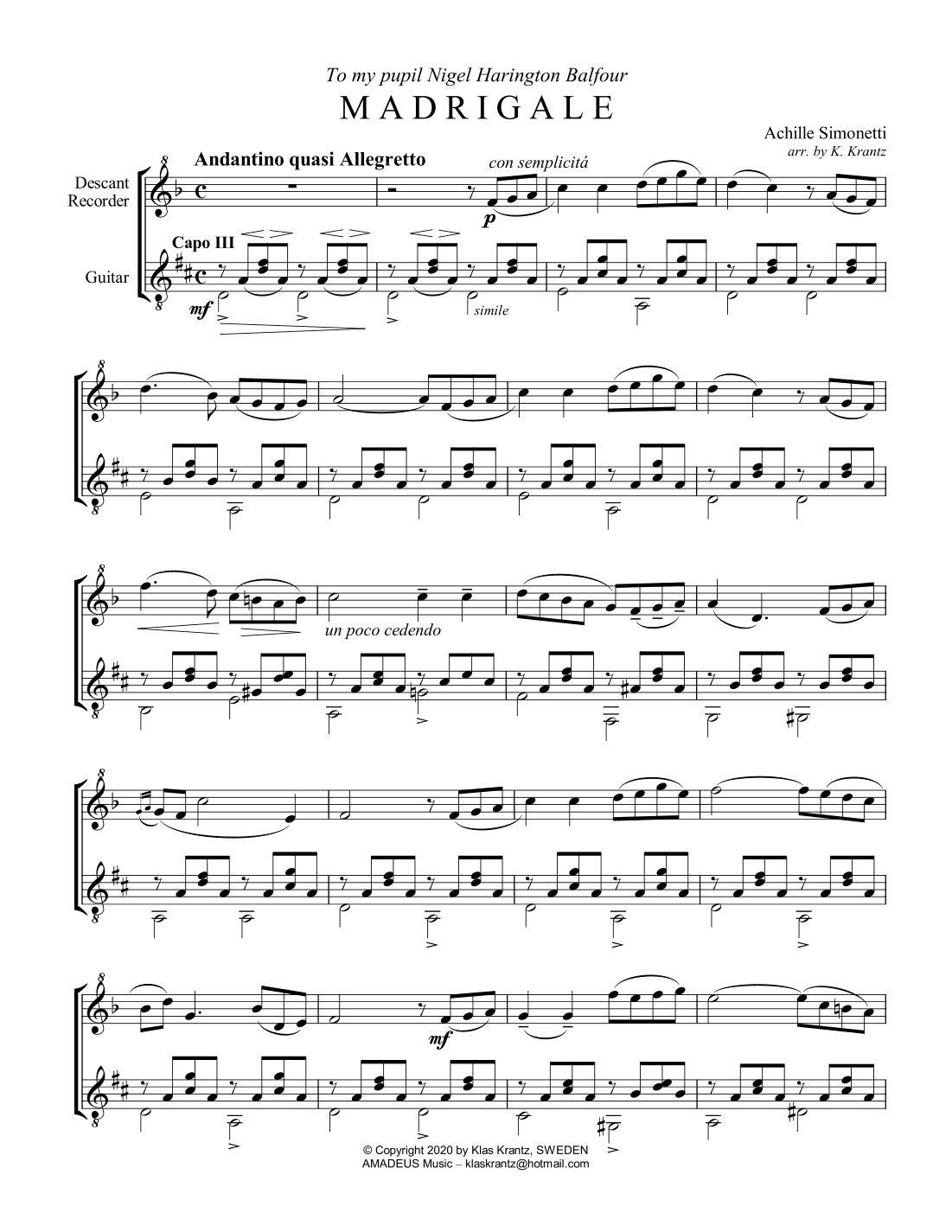 Madrigale for descant recorder and guitar (Capo III) (arr. K. Krantz)