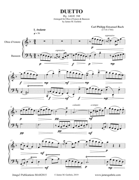 CPE Bach: Duetto Wq. 140 for Oboe d'Amore & Bassoon (arr. James M. Guthrie, ASCAP)