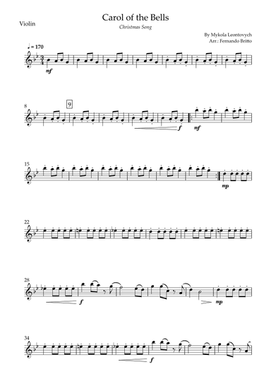 Carol of the Bells in Jazz Version (Christmas Song) for Violin Solo (arr. Fabio Britto)