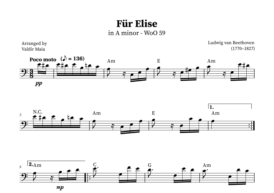 Fur Elise (+CHORDS) | BASS CLEF (arr. Valdir Maia)