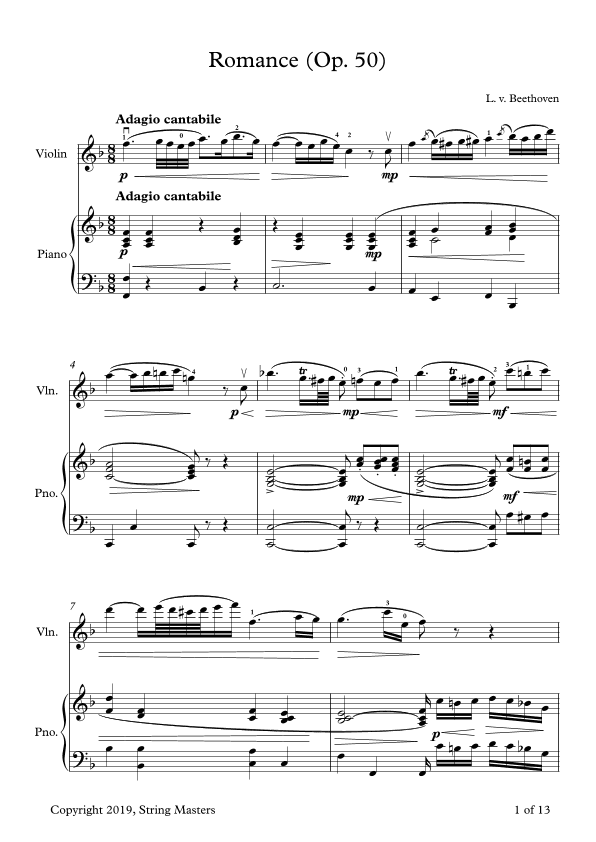 Beethoven, Two Romances Op 50, Violin and Piano (arr. String Masters)