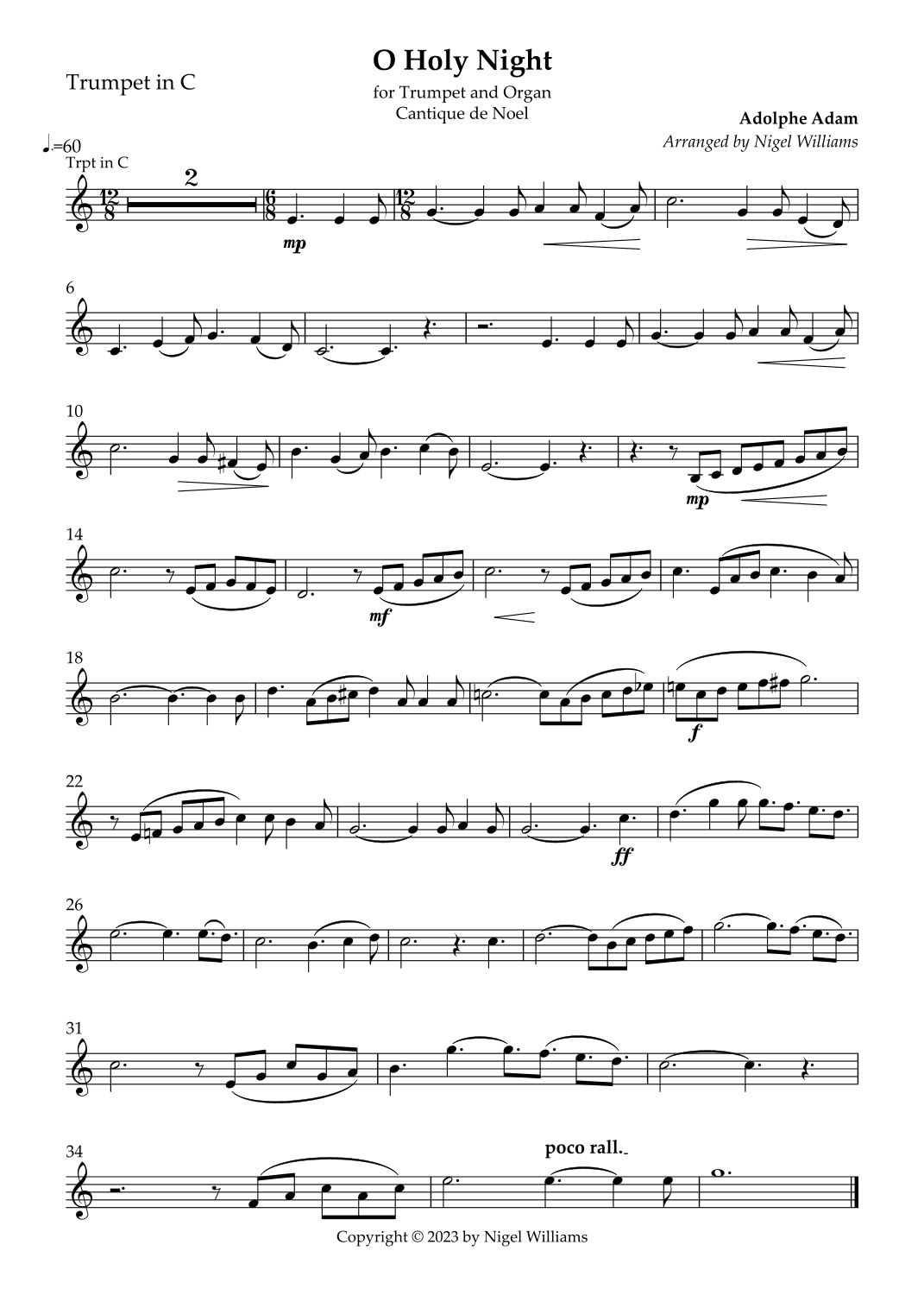 O Holy Night, for Trumpet and Organ (arr. Nigel Williams)