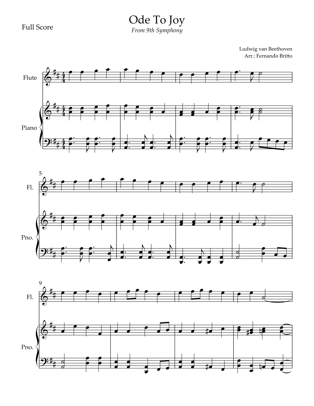 Ode To Joy Theme (from Beethoven's 9th Symphony) for Flute Solo and Piano Accompaniment (arr. Fernando Britto)