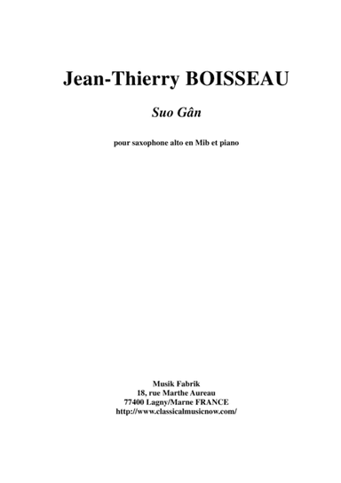Traditional Welsh Lullaby: Suo Gân, arranged for Eb alto saxophone and piano by Jean-Thierry Boissea (arr. Jean-Thierry Boisseau)
