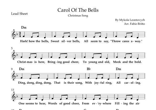 Carol Of The Bells (Christmas Song) Lead Sheet in F/Dm (arr. Fabio Britto)