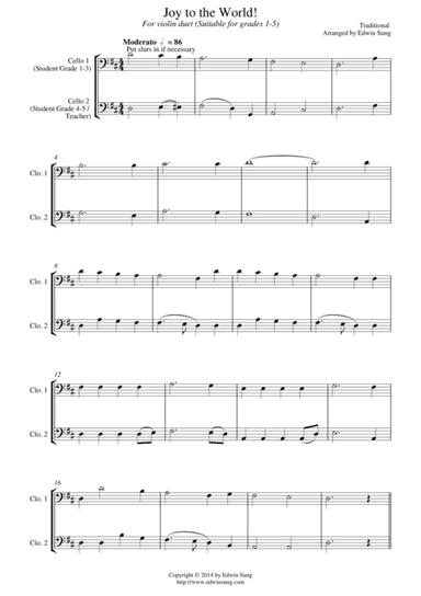 Joy to the World (for cello duet, suitable for grades 1-5) (arr. Edwin Sung)