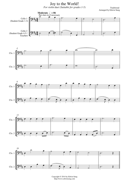 Joy to the World (for cello duet, suitable for grades 1-5) (arr. Edwin Sung)