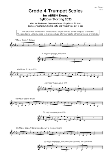 Trumpet Scales Grade 4. For the new ABRSM Syllabus from 2023. (arr. Tim Curd)