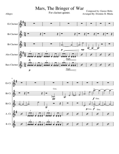 Mars-The Bringer Of war. For clarinet quintet. (arr. Dominic B. Minda)