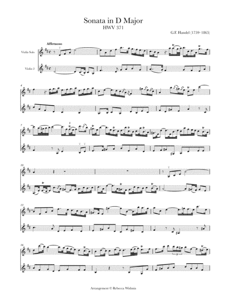 Violin Sonata in D Major, HWV 371 (arr. 2 violins) (arr. Rebecca Wishnia)