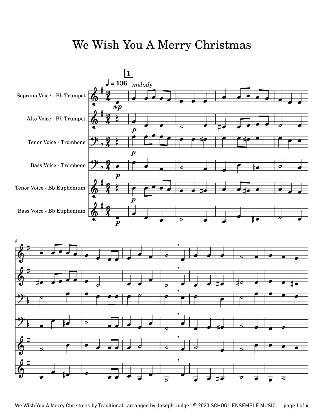 We Wish You A Merry Christmas for Brass Quartet in Schools (arr. Joseph Judge)